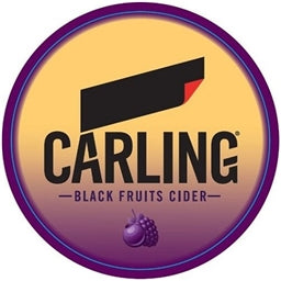 Carling Black Fruits Cider logo with a purple and yellow circular design.