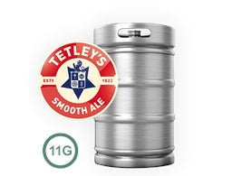 Metallic beer keg with Tetley's Smooth Ale logo on a white background