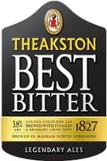 Theakston Best Bitter beer label with branding and text.