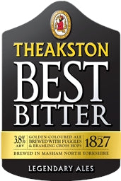 Theakston Best Bitter beer label with branding and text.
