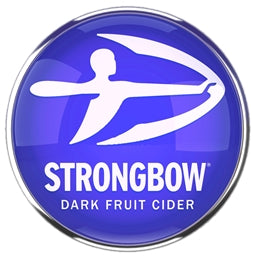 Strongbow Dark Fruit Cider logo on a blue circular background