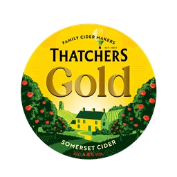 Thatchers Gold cider label with a scenic design and yellow background