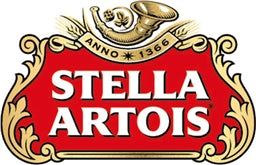 Stella Artois logo with red background and gold accents