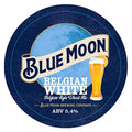 Blue Moon Belgian White beer label with a glass of beer on a blue background