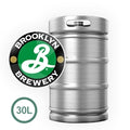 Metal beer keg with Brooklyn Brewery logo on a white background