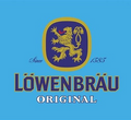 Löwenbräu logo with a lion emblem on a blue background
