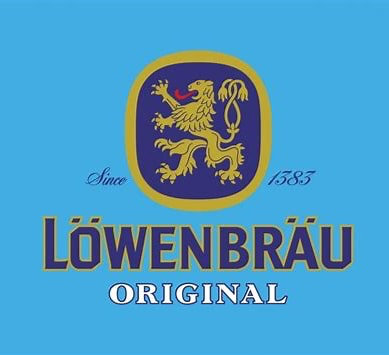 Löwenbräu logo with a lion emblem on a blue background