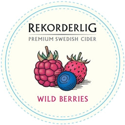 Rekorderlig Wild Berries cider label with raspberries and blueberries.