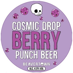 Beavertown Cosmic Drop Berry Punch Beer label with skull design on a purple background