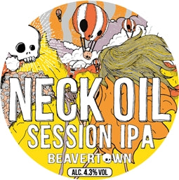 Beavertown Neck Oil Session IPA label with colorful design and text