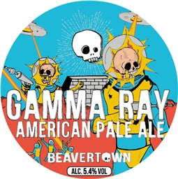 Gamma Ray American Pale Ale label with cartoon characters and skull design.