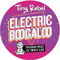Circular label for Tiny Rebel Electric Boogaloo passion fruit lil' NEIPA on a purple background