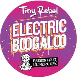 Circular label for Tiny Rebel Electric Boogaloo passion fruit lil' NEIPA on a purple background