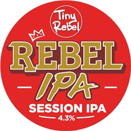 Round label for Rebel IPA Session IPA with 'Tiny Rebel' branding on a red background