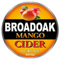 Broadoak Mango Cider label with peaches on an orange background