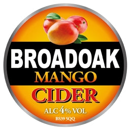 Broadoak Mango Cider label with peaches on an orange background