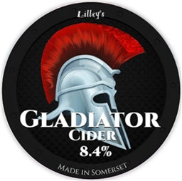 Lilleys Gladiator Cider label with Roman helmet design on a black background