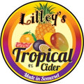 Lilley's Tropical Cider label with fruits and colorful border