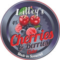 Lilley's Cherries & Berries cider label with apples, berries, and text.