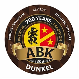 ABK Dunkel beer label with lion emblem and text celebrating 700 years of brewing tradition.
