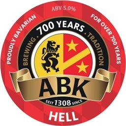 ABK He’ll  logo celebrating 700 years of brewing tradition with red, yellow, and black colors.