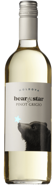 Bear & Star Pinot Grigio wine bottle with a dog illustration on the label.