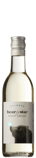 Bottle of Bear & Star Pinot Grigio wine with a silver cap on a white background