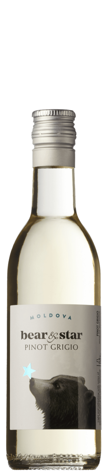 Bottle of Bear & Star Pinot Grigio wine with a silver cap on a white background