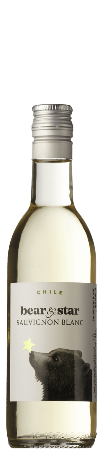 Bottle of bear & star Sauvignon Blanc wine with a silver cap and white label.