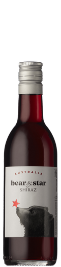 Bottle of Bear & Star Shiraz wine with a silver cap and label.