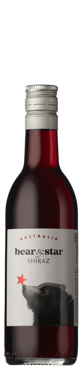 Bottle of Bear & Star Shiraz wine with a silver cap and label.