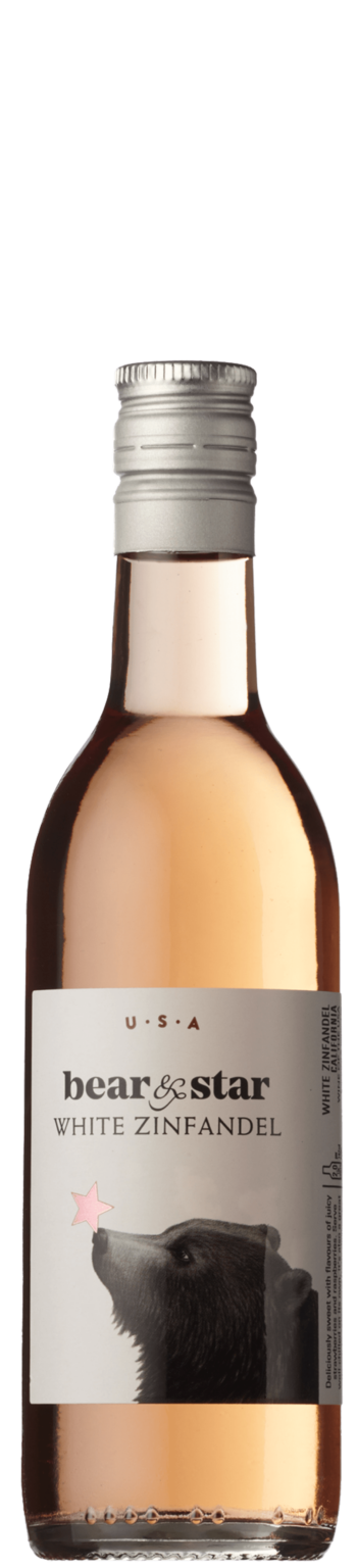 Bottle of bear & star White Zinfandel wine with a silver cap and label.