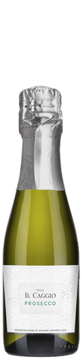 Il Caggio Prosecco bottle with silver foil cap on a white background
