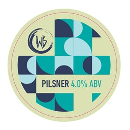 WB Pilsner beer label with geometric design and ABV information on a light green background
