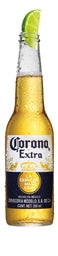 Bottle of Corona Extra beer with a lime wedge on a white background