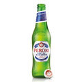 Green Peroni beer bottle with blue label on a white background