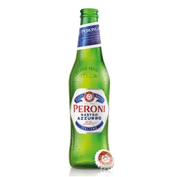 Green Peroni beer bottle with blue label on a white background