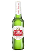 Green bottle of Stella Artois beer with white label on a white background