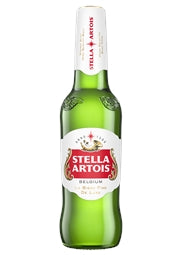 Green bottle of Stella Artois beer with white label on a white background