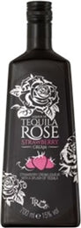 Tequila Rose bottle with floral design on a black background