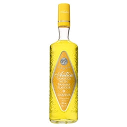 Bottle of Antica Sambucca Banana Flavour with a yellow label on a white background