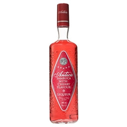Red bottle of Antica with cherry flavor on a white background