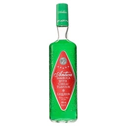 Green bottle of Antica Sambucca Green Chilli Flavour with red label on a white background
