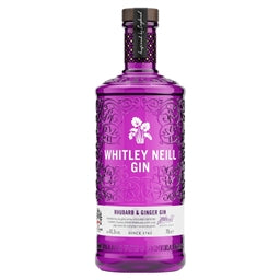 Purple bottle of Whitley Neill Rhubarb & Ginger Gin on a white background