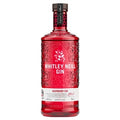 Red bottle of Whitley Neill Raspberry Gin with a white label on a white background