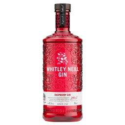 Red bottle of Whitley Neill Raspberry Gin with a white label on a white background