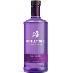 Purple bottle of Whitley Neill Parma Violet gin with a white label on a white background