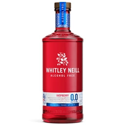 Red bottle of Whitley Neill non alcoholic Raspberry gin on a white background