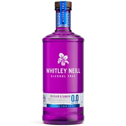 Purple bottle of Whitley Neill alcohol-free Rhubarb & Ginger gin on a white background