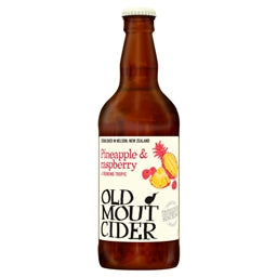 Bottle of Old Mout Cider with pineapple and raspberry illustration on a white background